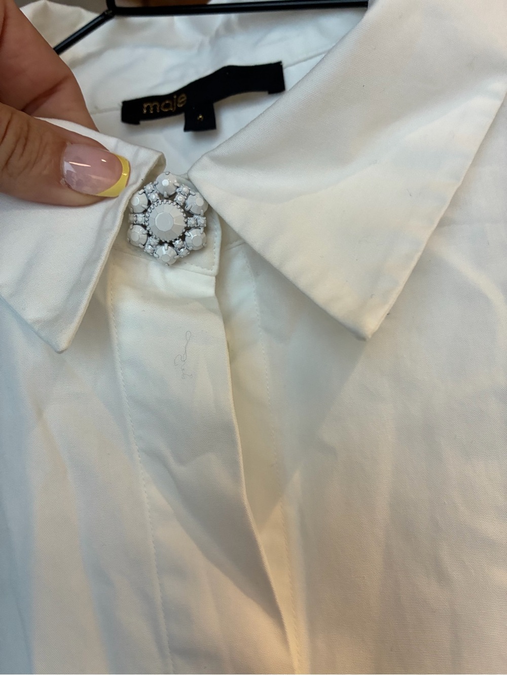 Maje White Collared Button-Front Blouse with Beaded Accent